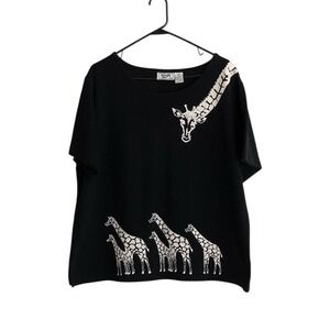 Vintage Womens Animal Sweater Sz 2X Giraffe Print Short Sleeve Safari